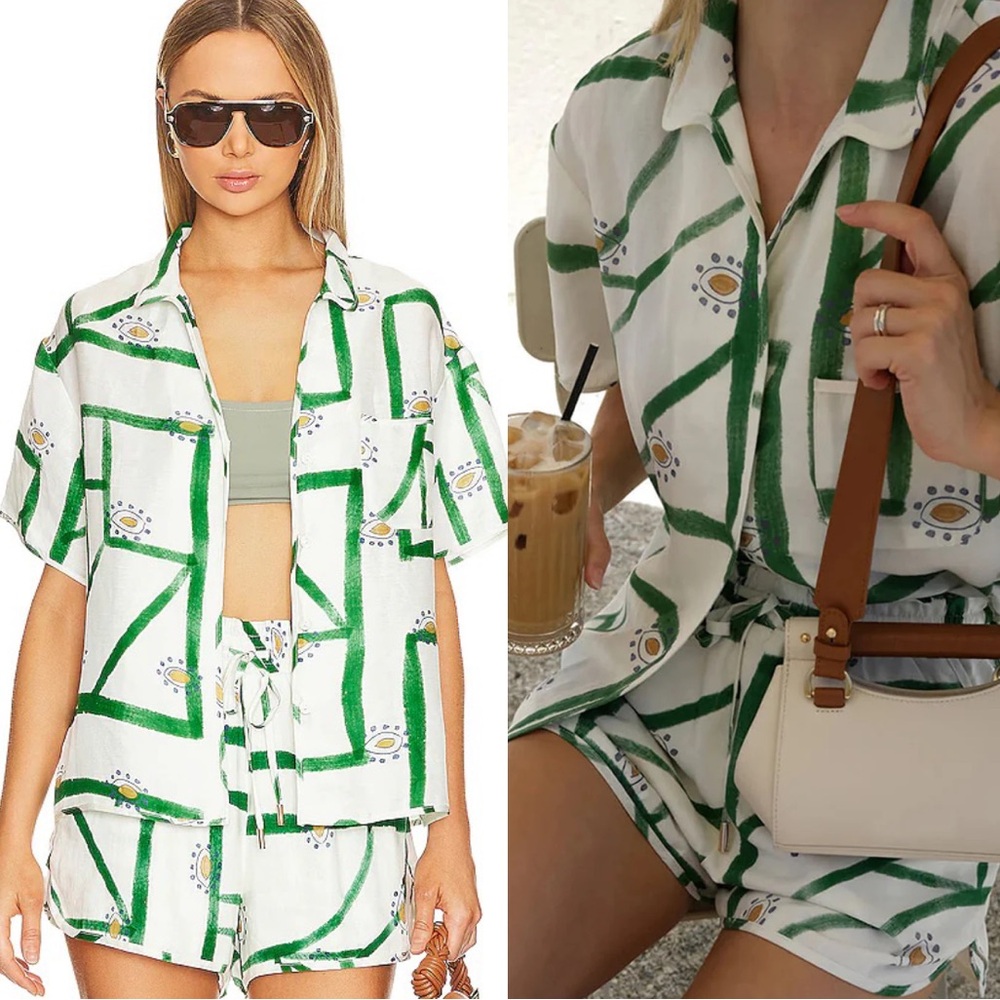 Commense Women's White & Green Printed Short Set